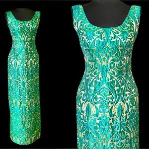 60s Floral Brocade Gown Party Column Dress Blue Teal Gold Glam Formal Gala Gown